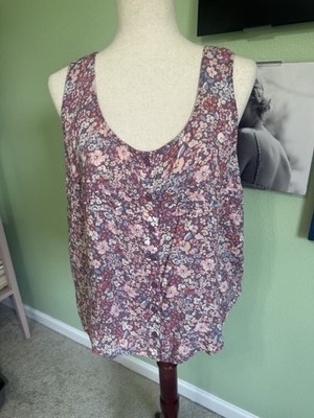 Lucky Brand Top Large Purple Floral Button Front Tank Cami Scoop Neck Boho